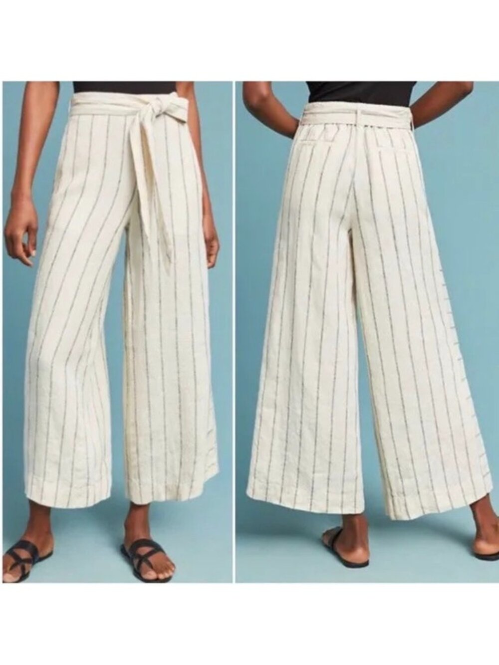 Anthropologie 'Portia" Linen Wide Leg Striped High Rise Crop Pants Sz XS